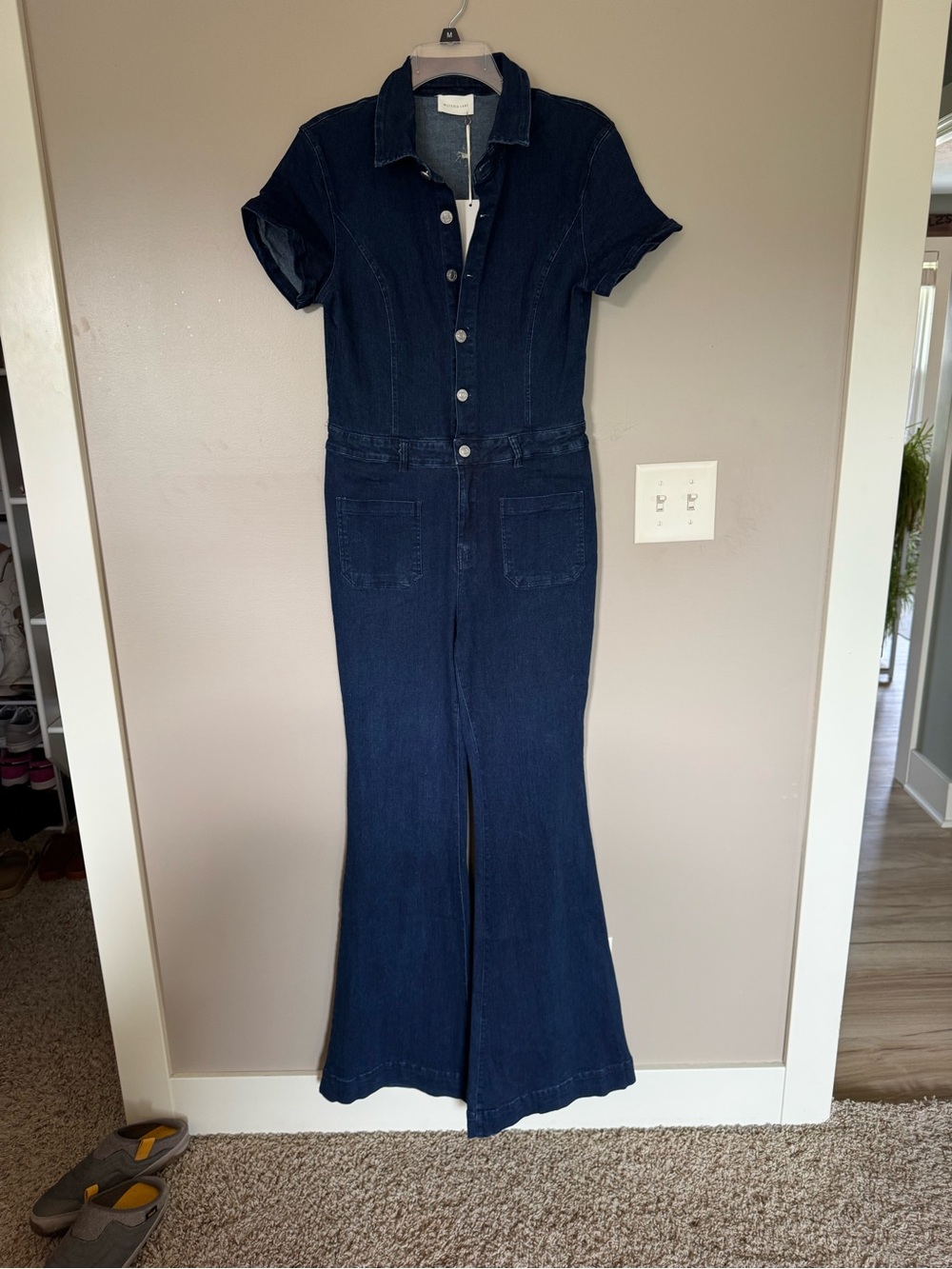 Dark Blue Denim Short-Sleeve Button-Front Jumpsuit NWT